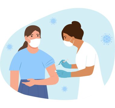 Klinikte bir kadına aşı veren bir doktor. Aşı yetişkin konsepti. Yetişkinlerin bağışıklığı, çovid aşısı. Mutlu hasta. Düz vektör görüntüleme.