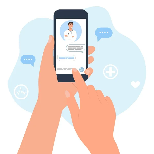 Consultare Online Medicului Smartphone Ecran Terapeut Sex Masculin Conceptul Telemedicină — Vector de stoc