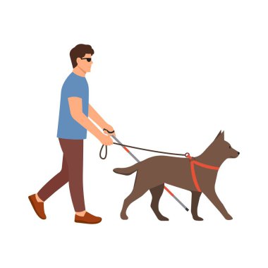 Bastonlu ve rehber köpekli kör bir adam. Körlüğü olan engelli bir erkek. Rehber köpekle yürüyor. Vektör illüstrasyonu beyaz arkaplanda izole edildi. 