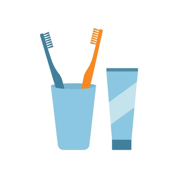 Twee Tandenborstels Een Kopje Tandpasta Tandhygiëne Vector Illustratie Vlakke Stijl — Stockvector