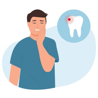 Diş ağrısı kavramı. Genç erkek acı çekiyor, yanağını eliyle tutuyor, kötü diş ağrısı çekiyor. Acı dolu ifadeleri olan bir adam. Caries. Şiddetli diş ağrısı. Çizgi film tarzında vektör illüstrasyonu izole edildi