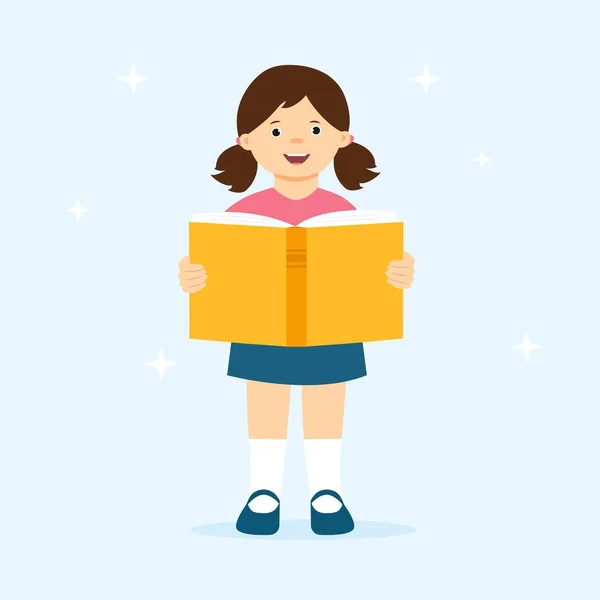 Słodki Szczęśliwy Dzieciak Trzymający Książkę Rękach Dziewczyna Stoi Książką Czas — Wektor stockowy