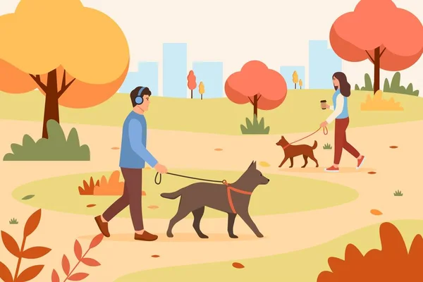 Pessoas Passeando Cães Parque Outono Cuidados Com Animais Natureza Ilustração — Vetor de Stock