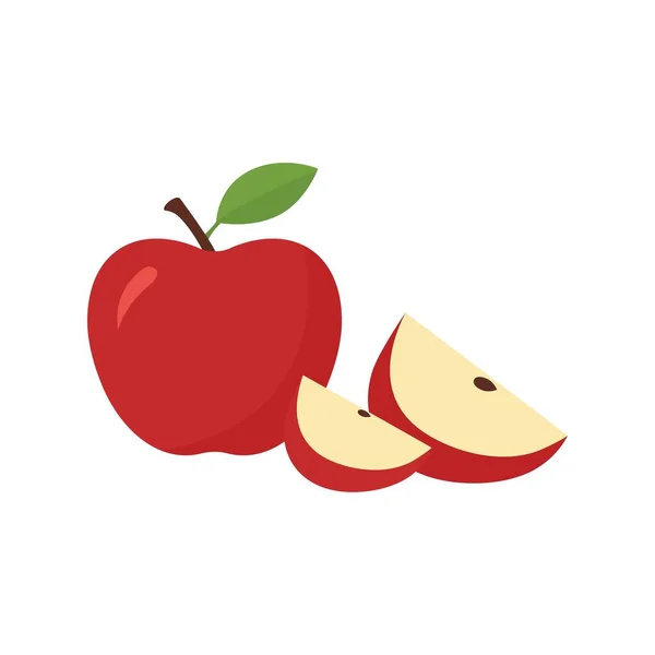 Roter Apfel Mit Grünem Blatt Und Apfelscheibe Flachem Stile Vector — Stockvektor