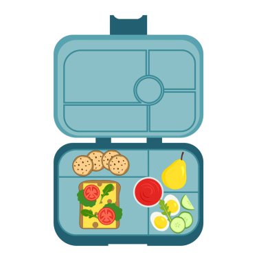 Beslenme çantası, içinde sandviç, armut, yumurta, ketçap, kurabiye olan yemek kutusu. Okul yemeği, çocuk öğle yemeği. Sağlıklı yemek deposu. Beyaz arka planda izole edilmiş düz bir şekilde vektör illüstrasyonu