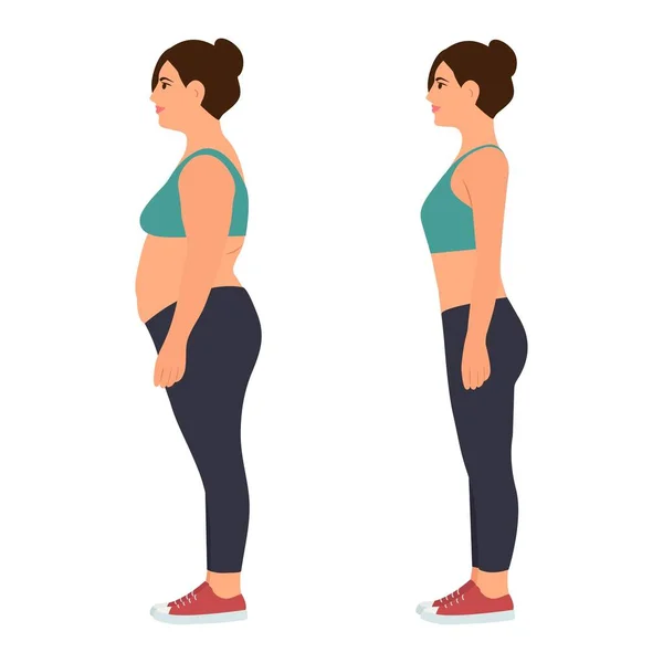 穿着运动服 身材瘦小超重的年轻女子 体重减轻前后 在白色上孤立的矢量图解 — 图库矢量图片