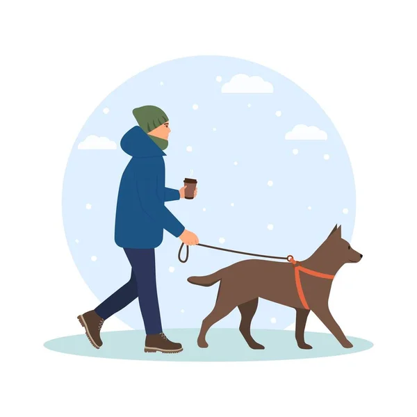 Winter Time Man Walks Dog Outdoor Cofee Hand Vector Illustration — Stock Vector