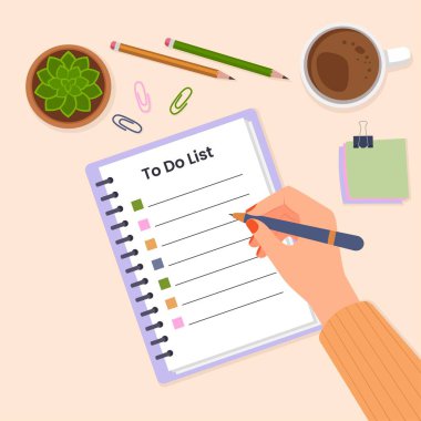Daily Planner 'da kadın eli kalem ve yazı tutuyor. Kişisel planlama ve organizasyon. Yapılacaklar veya alışverişler, sağlık, iş ve eğitim denetim listesi. İş yeri. Vektör düz resimleme