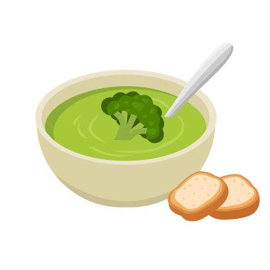 Bir kase brokoli kremalı çorba ve kızarmış ekmek dilimleri. Vektör İllüstrasyonu