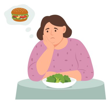Şişman bir kadın bir tabak brokoli ile masada oturuyor ve hamburgerin hayalini kuruyor. Sağlıklı yaşam tarzı ve kötü alışkanlıklar. Kilo verme ve diyet kavramı. Vektör illüstrasyonu