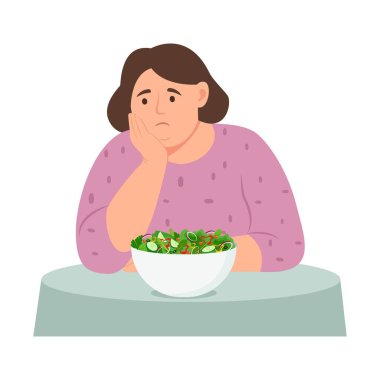 Şişman kadın elinde bir tabak salatayla masada oturuyor. Sağlıklı yaşam tarzı ve kötü alışkanlıklar. Kilo verme ve diyet kavramı. Vektör illüstrasyonu