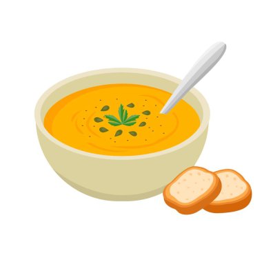 Kremalı balkabağı çorbası ve kızarmış ekmek dilimli tohumlar. Sağlıklı sebze çorbası. Şükran Günü. Vektör İllüstrasyonu