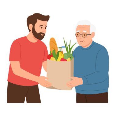 Neşeli bir gönüllü, yaşlı bir ihtiyara yiyecek dolu bir paket veriyor.