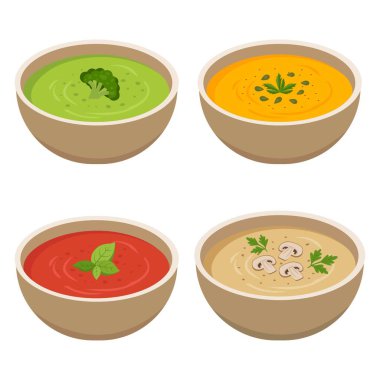 Çorba seti. Fesleğenli domates çorbası, brokoli yeşili püresi, mantarlı krema çorbası, çekirdekli balkabağı çorbası. Sağlıklı gıda konsepti. Vektör Illustratio