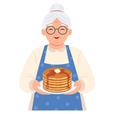 Funny granny with a dish of freshly baked hot tasty pancakes for a festive table. Vector illustration on a white background