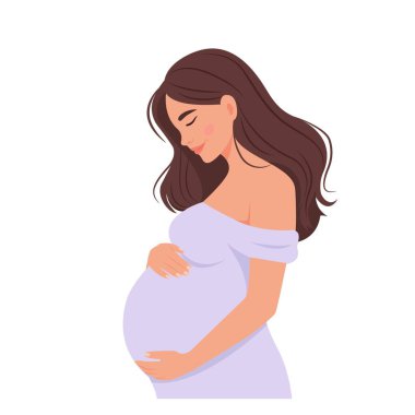 Beautiful pregnant woman expecting the birth of a child. Mothers day, motherhood and family. Flat vector illustration