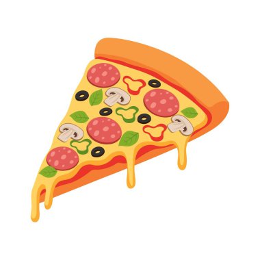 A slice of pizza with melting cheese, pepperoni, mushrooms, olives, basil, and bell pepper rings. Vector Illustration