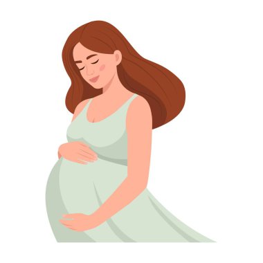 Hamile kadın karnını okşar, çocuk doğurmayı bekler. Anneler Günü. Doğum ve hamilelik. Vektör İllüstrasyonu.