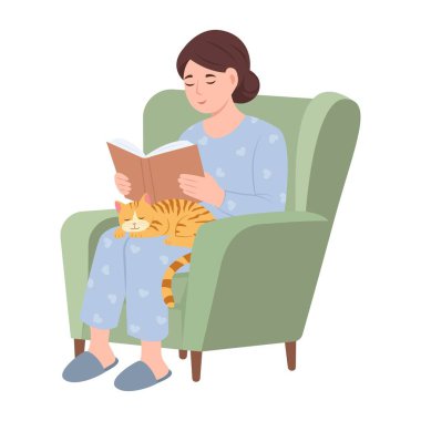 Evde kitap okuyan bir kadın. Kitap ve kedi evcil hayvanıyla rahat koltukta dinlenen mutlu kadın karakter. Kitap severler, okurlar, modern edebiyat severler. Vektör izole edildi
