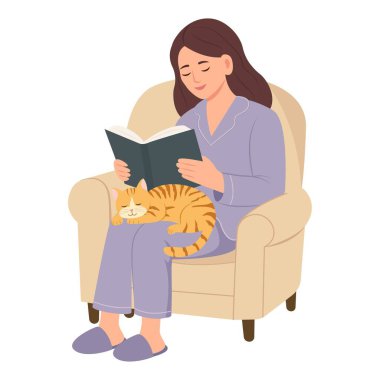 Koltukta oturan genç bir kadın, açık bir kitap tutuyor. Şirin küçük turuncu tekir kedi kucağında huzur içinde uyuyor. Vektör ilüstrasyonu