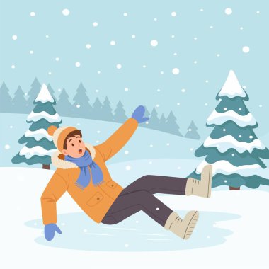 Adam buzda kaydı, düştü, ellerini salladı, korktu. Tehlikeli buz, kaygan kış yolu. Ceketli, atkılı, eldivenli bir çocuk. Vektör renklendirici düz tasarım çizimi.