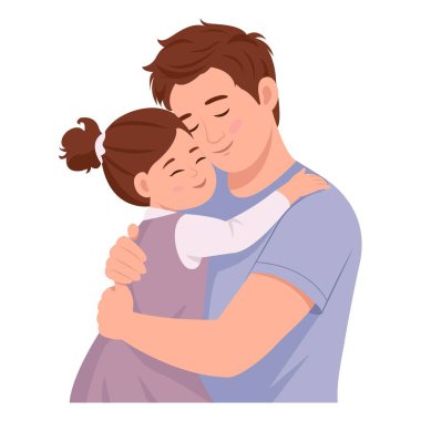 Sevgi dolu bir baba küçük kızını kucaklıyor. Sevecen bir aile anında tatlı bir kızı kucaklayan bir adam. Vektör İllüstrasyonu