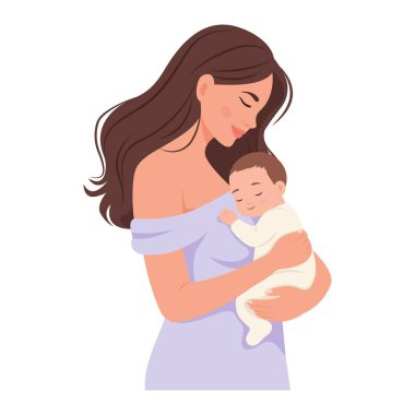 Anne bebeğini kucağında tutuyor. Hamilelik ve emzirme kavramı. Vektör illüstrasyon sevgi, ilgi ve aile bağları.