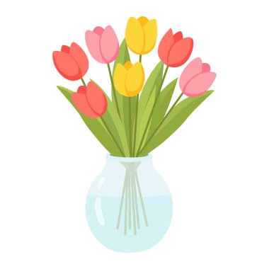 Cam bir vazoya bağlanmış renkli laleler. Bahar tatilleri ve Anneler Günü için yumuşak, zarif bir şekilde çiçek illüstrasyonu. Vektör illüstrasyonu