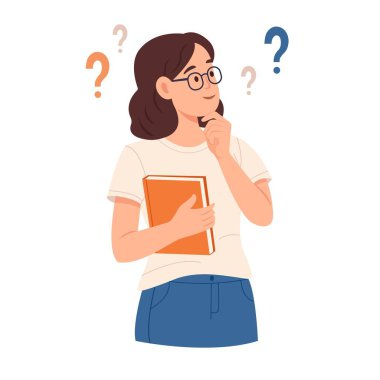 Düşünceli genç bir kadın elinde bir kitap tutuyor ve düşünüyor. Eğitim, öğrenme, karar verme, bilgi, öğrenim ve fikir kavramı. Düz biçim çizimi beyaz arkaplanda izole edildi