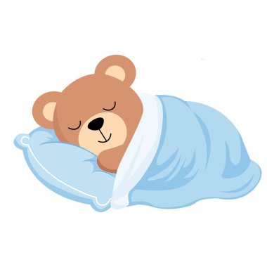 Örtünün altında uyuyan sevimli oyuncak ayı. Vektör illüstrasyonu.