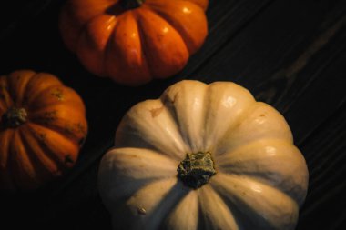 Beyaz ve turuncu balkabakları koyu bir arkaplanda uzanır.