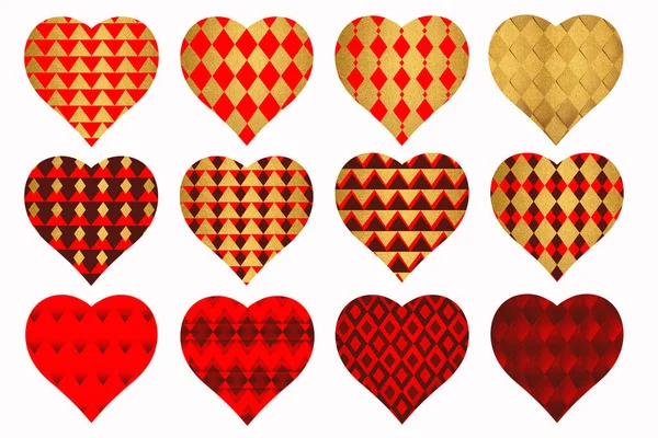Απομονωμένες Καρδιές Κόκκινου Καφέ Χρυσού Γεωμετρικό Μοτίβο Ένα Στυλ — Φωτογραφία Αρχείου
