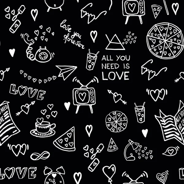 black and white pattern drawn by a pen with an airplane, TV set, pizza, phone, bubbles, balloon, carbonated drink, light dispersion, newspaper, hearts, heart pierced by an arrow