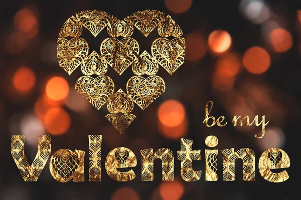 Χρυσό Δαντέλα Ανοιχτή Καρδιά Και Επιγραφή Μου Valentine Bokeh Φόντο — Φωτογραφία Αρχείου