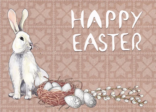 Easter card with drawn white rabbit, white easter eggs, blossoming pussy willow twigs and a nest with eggs on the background of ethnic ornaments