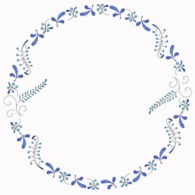 İzole edilmiş mavi yabani böğürtlen çelengi ve mavi yapraklar beyaz arka planda gzhel tarzında