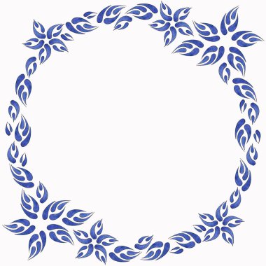 Beyaz arkaplanda GZhel tarzında çizilmiş mavi çiçek ve mavi yaprakların izole çelenkleri