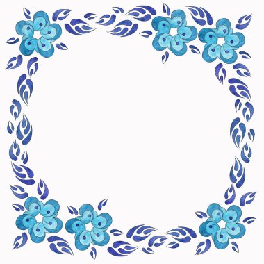 Beyaz arkaplanda GZhel tarzında çizilmiş mavi çiçek ve mavi yaprakların izole çelenkleri