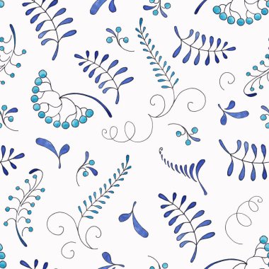 Mavi suluboya ile çizilmiş çiçeklerin kusursuz deseni: yapraklar, böğürtlenler, beyaz arka planda izole edilmiş kökler