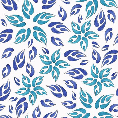 Mavi suluboya ile çizilmiş çiçeklerin kusursuz deseni: yapraklar, beyaz arkaplanda izole edilmiş çiçekler