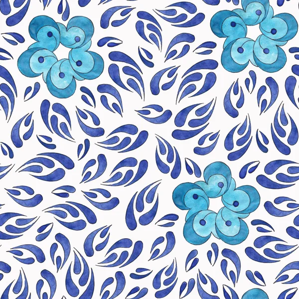 Padrão Sem Costura Ornamentos Florais Desenhados Aquarela Azul Folhas Flores Fotos De Bancos De Imagens
