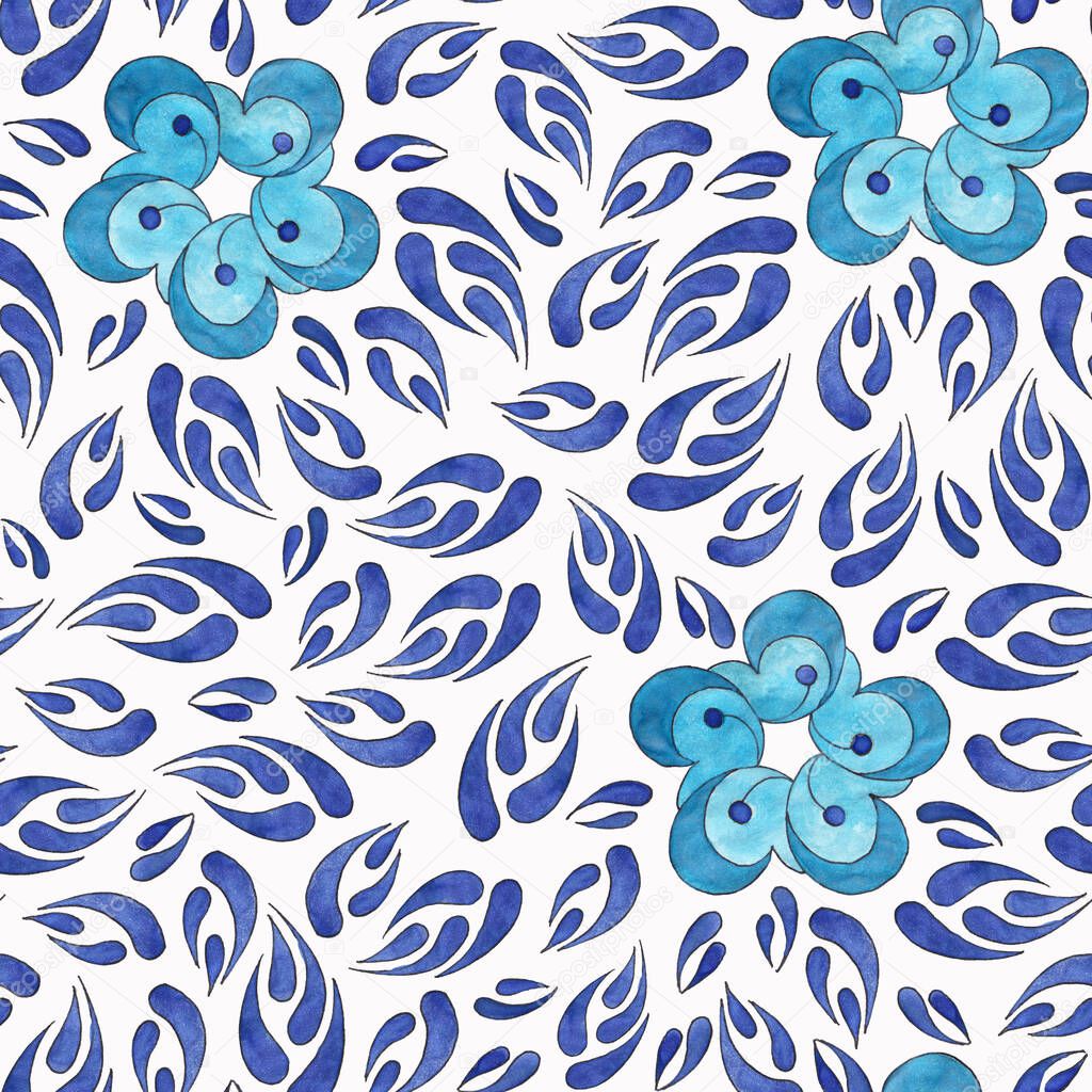 Seamless pattern of floral ornaments drawn in blue watercolor: leaves, flowers isolated on white background