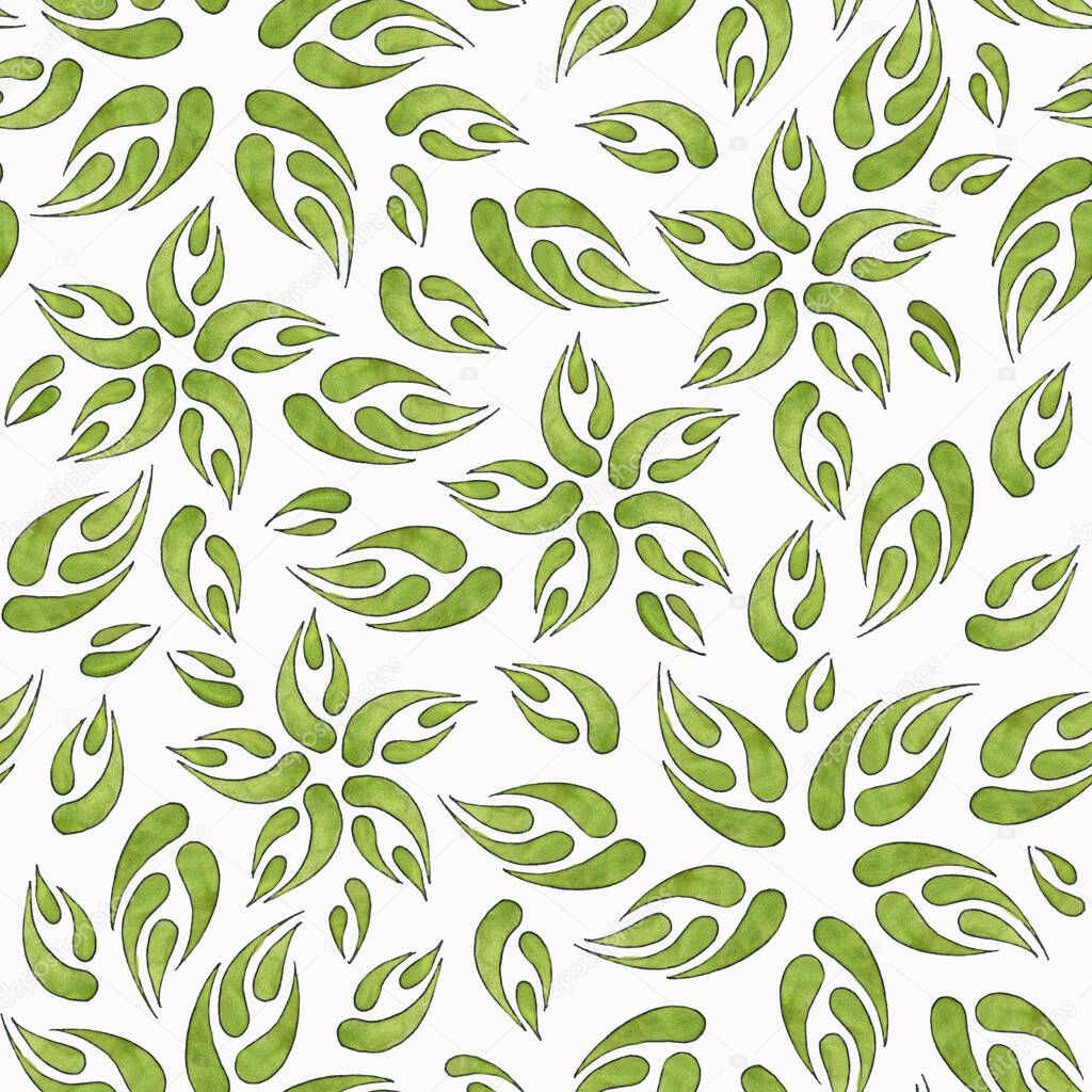Seamless pattern from floral ornaments of green leaves, painted with watercolor isolated on a white background