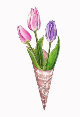 Beyaz arka planda izole edilmiş beyaz bir süs eşyasıyla kahverengi bir koni çantasındaki pembe ve leylak rengi lalelerin suluboya çizimi