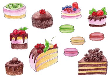 Beyaz arka planda izole edilmiş çikolata, krema ve böğürtlenli pasta ve pastaların suluboya çizimi