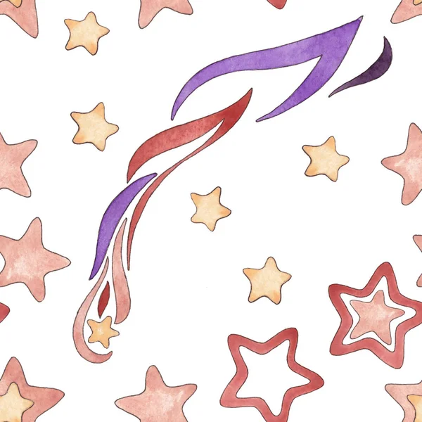 Seamless pattern from a set of watercolor illustrations of stars and comet in red, cream, purple colors isolated on a white background. Size 20 by 20 cm, 600 dpi