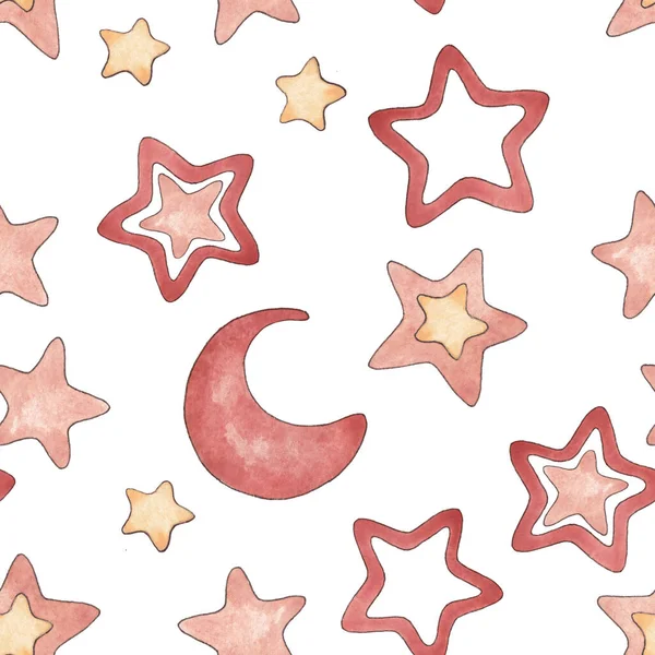 Padrão Sem Emenda Grupo Ilustrações Aquarela Estrelas Uma Lua Cores — Fotografia de Stock