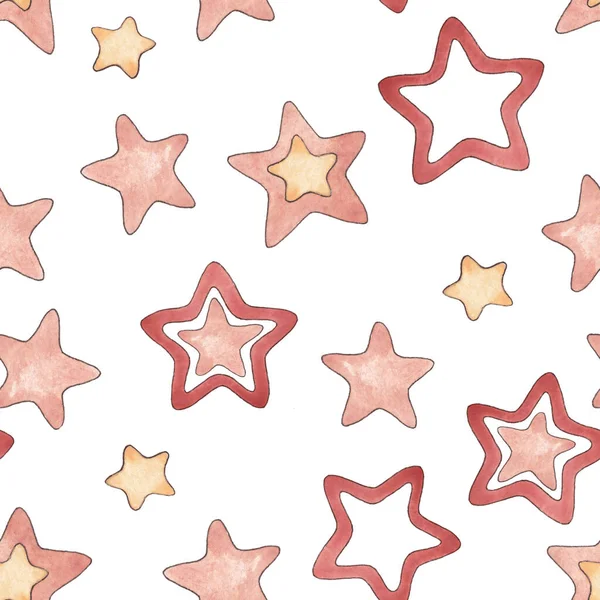 Patrón Sin Costuras Conjunto Ilustraciones Acuarela Estrellas Rojo Colores Crema —  Fotos de Stock