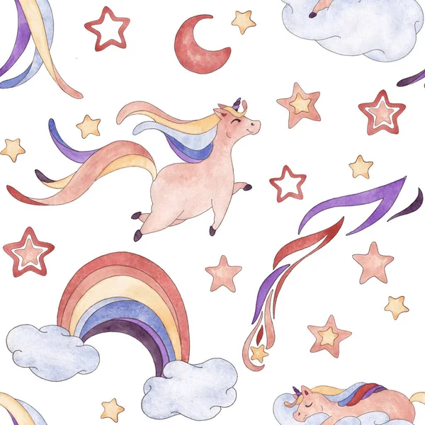 Seamless pattern from a set of watercolor illustrations of a flying unicorn, sleeping unicorn, rainbows between clouds, falling stars, stars and moon in blue, purple, terracotta, cream colors isolated on white background. Size 20 by 20 cm, 600 dpi