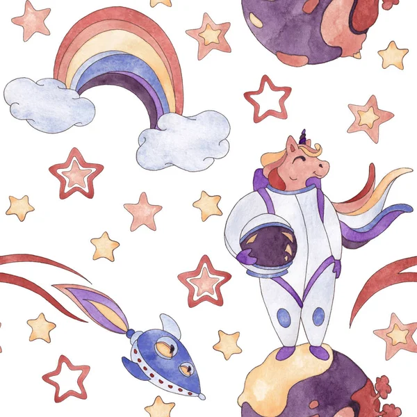 Seamless pattern from a set of watercolor illustrations of a unicorn in an astronaut costume, rainbows, planet earth, rockets, stars and moon in blue, purple, red, cream colors isolated on white background. Size 20 by 20 cm, 600 dpi